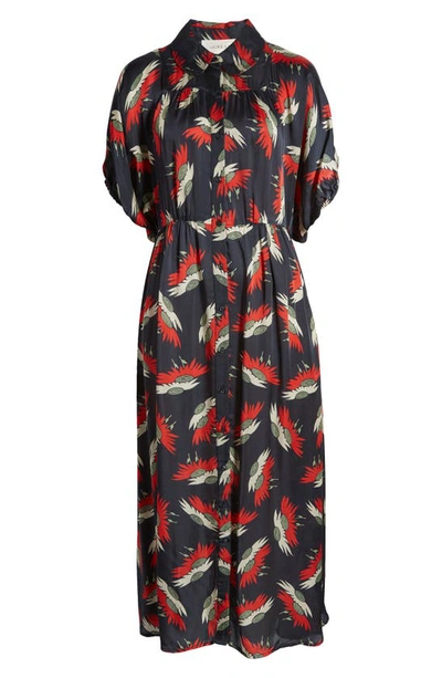 Shop The Great The Raven Floral Short Sleeve Satin Shirtdress In Navy Birds Of Paradsise Print