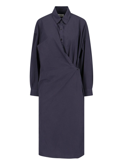Shop Lemaire Asymmetric Twisted Midi Shirt Dress In Navy