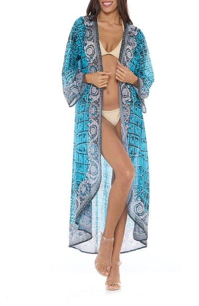 Shop Ranee's Crystal Embellished Cover-up Duster In Teal Blue