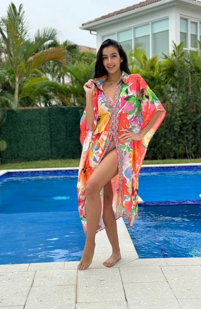 Ranee's Floral Print Woven Duster In Orange