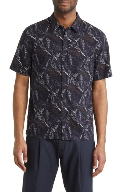 Shop Vince Leaf Print Short Sleeve Linen Blend Button-up Shirt In Coastal