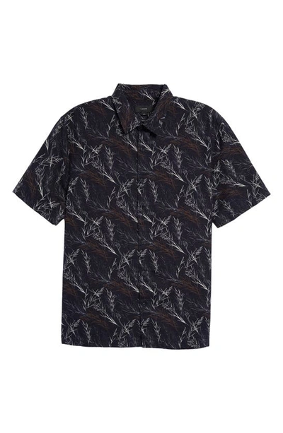 Shop Vince Leaf Print Short Sleeve Linen Blend Button-up Shirt In Coastal