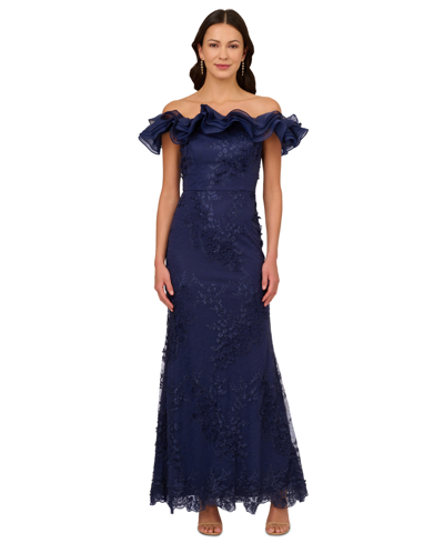 Shop Adrianna Papell Women's Ruffled Off-the-shoulder Mermaid Gown In Light Navy