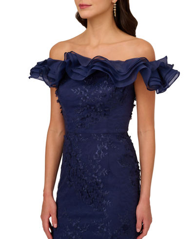 Shop Adrianna Papell Women's Ruffled Off-the-shoulder Mermaid Gown In Light Navy