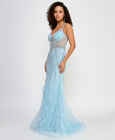 Shop Say Yes Juniors' Rhinestone Feather-trim Illusion Gown, Created For Macy's In Light Blue,crystal