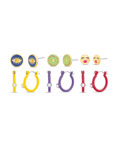 Shop Kensie 6 Piece Mixed Cubic Zirconia Evil Eye, Lime And Kiss Emoji Stud And Hoop Earring Set In Multi