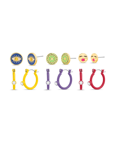 Kensie 6 Piece Mixed Cubic Zirconia Evil Eye, Lime And Kiss Emoji Stud And Hoop Earring Set In Multi