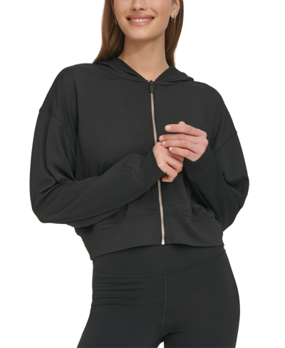 Shop Dkny Sport Women's Textured-jacquard Long-sleeve Hoodie In Black