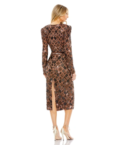 Mac Duggal Diamond Bead Long Sleeve Midi Dress In Chocolate