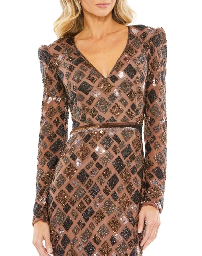 Mac Duggal Diamond Bead Long Sleeve Midi Dress In Chocolate