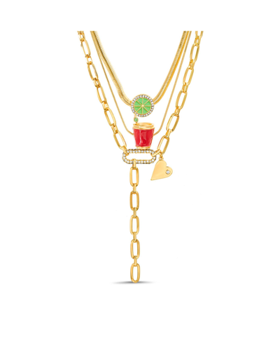 Kensie Multi 3 Piece Mixed Chain Necklace Set With Red Cup, Line And Heart Charm Pendants In Multi