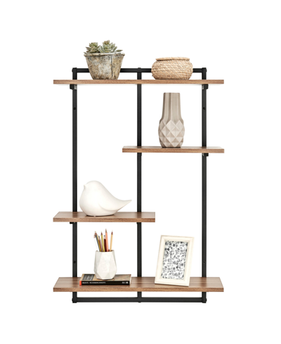 Danya B Rhodes 4 Tier Modern Floating Windowsill Wall Shelf Unit With Black Metal Frame And Light Walnut Mdf In Black,light Walnut