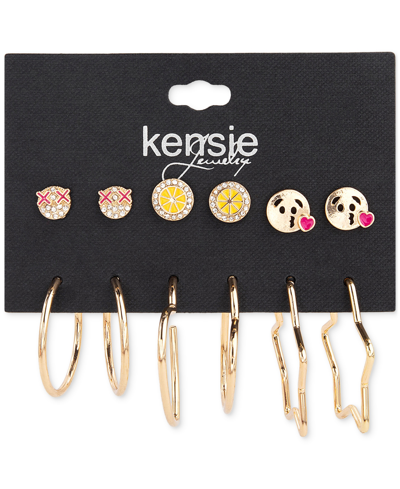 Shop Kensie Multi Lemon, Emoji And Star Stud And Hoop Earring Set
