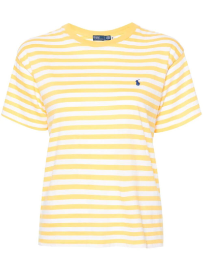 Shop Polo Ralph Lauren Striped Polo Pony T-shirt In Yellow & Orange