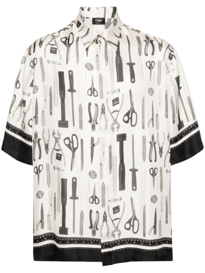 Shop Fendi Short-sleeved Tools Print Silk Shirt In White