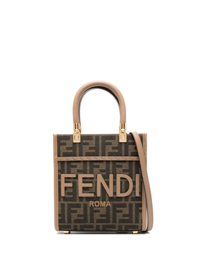 Shop Fendi Mini Sunshine Fabric Shopper Bag In Brown