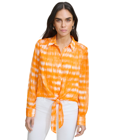 Shop Calvin Klein Women's Printed High-low Tie-waist Blouse In Turmeric Combo
