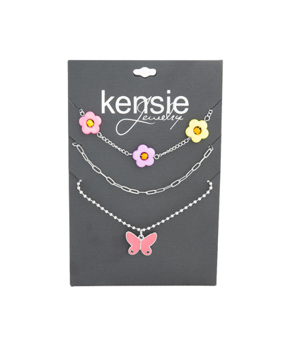 Shop Kensie 3 Piece Mixed Chain Necklace Set With Beaded Flowers And Butterfly Pendant In Multi