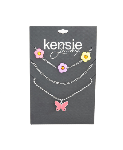 Kensie 3 Piece Mixed Chain Necklace Set With Beaded Flowers And Butterfly Pendant In Multi