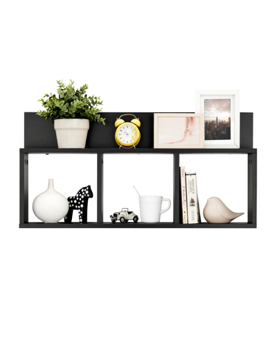 Danya B Modern 3 Cube Floating Wall Shelf With Display Ledge, Easy To Hang Wall Mounted Triple Cubby Shelf In Black