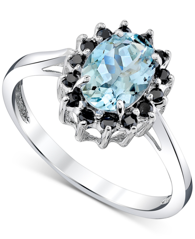 Shop Macy's Aquamarine (1-1/10 Ct. T.w.) & Black Diamond (1/5 Ct. T.w.) Halo Ring In 14k White Gold