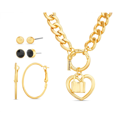 Shop Kensie Heart And Locked Charm Necklace And 3 Pair Of Earrings Set In Gold