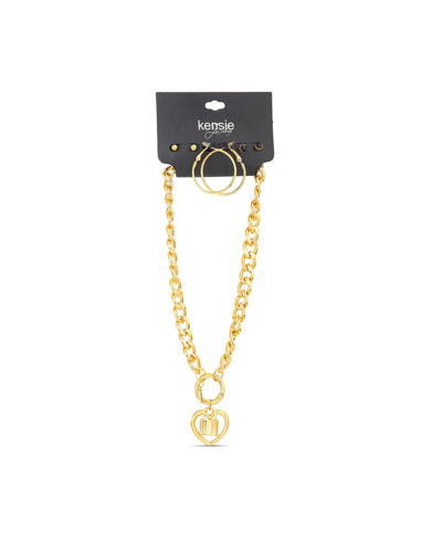 Kensie Heart And Locked Charm Necklace And 3 Pair Of Earrings Set In Gold