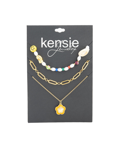 Kensie Multi 3 Piece Mixed Beaded And Chain Necklace Set With Flower Charm Pendant In Multi