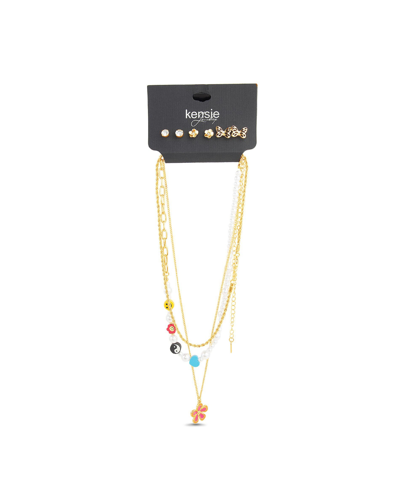 Kensie Colorful Flower And Butterfly Necklace And Earring Set In Gold