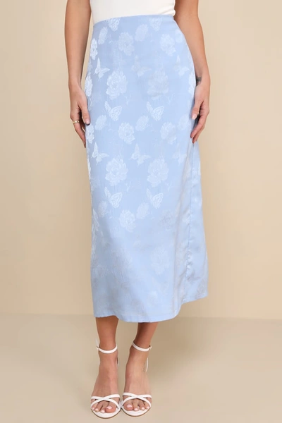 Shop Lulus Delightful Approach Light Blue Floral Jacquard Midi Skirt