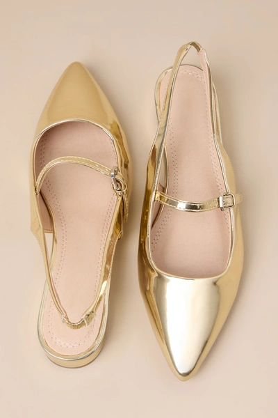Shop Lulus Letita Gold Patent Pointed-toe Slingback Buckle Flats