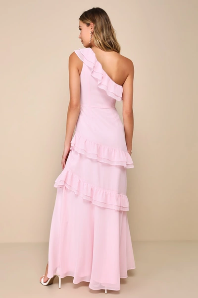 Lulus Brilliant Grace Light Pink Ruffled One-shoulder Maxi Dress In Light Pink