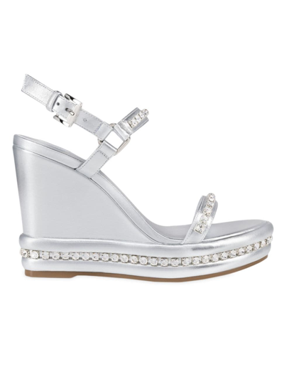 Shop Christian Louboutin Women's Pyrastrass 110mm Laminated Wedge Sandals In Silver