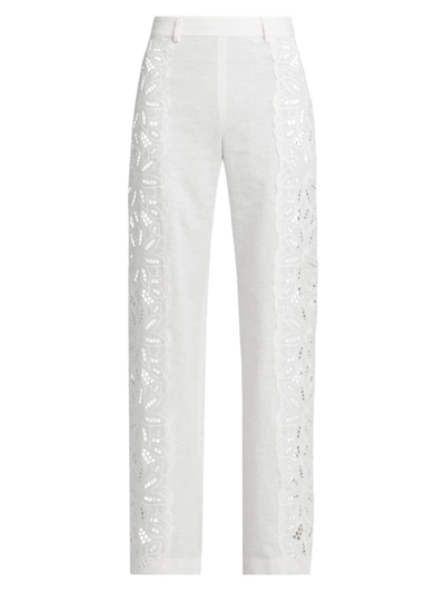 Shop Alberta Ferretti Women's Linen-blend Eyelet Trousers In White
