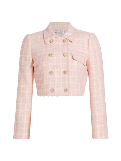 Shop Self-portrait Women's Bouclé Check Crop Jacket In Pink