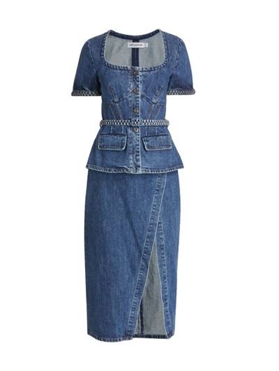 Shop Self-portrait Women's Denim Peplum Midi-dress In Mid Blue