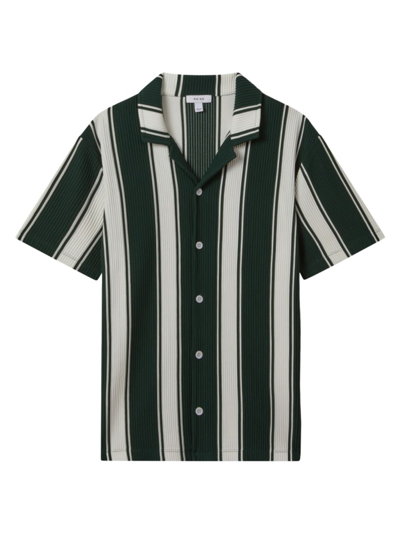 Shop Reiss Men's Alton Striped Plissé Camp Shirt In Green White