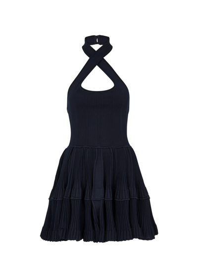 Shop Alaïa Crinoline Ribbed Stretch-knit Mini Dress In Dark Blue