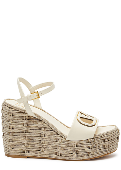 Shop Valentino 110 Vlogo Leather Wedge Sandals In Ivory