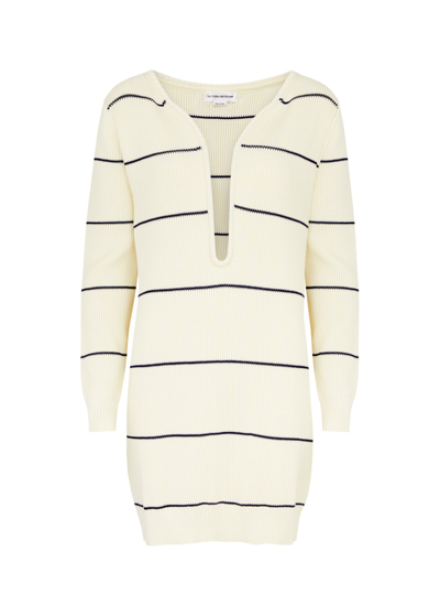 Shop Victoria Beckham Frame Striped Cotton-blend Mini Jumper Dress In Natural