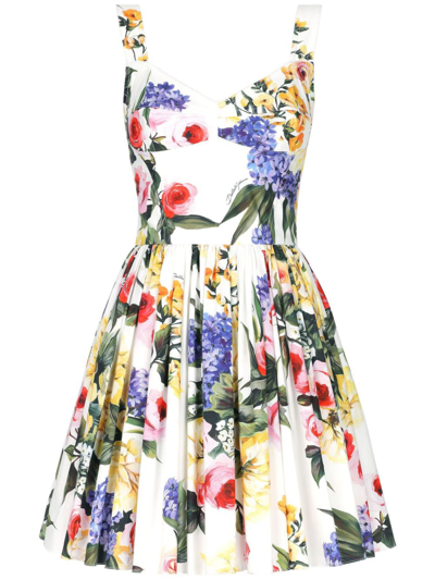 Shop Dolce & Gabbana White Garden Pleated Mini Dress In Neutrals