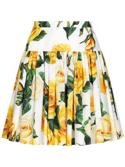 Shop Dolce & Gabbana Rose Print Pleated Mini Skirt - Women's - Cotton In White