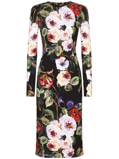 Shop Dolce & Gabbana Black Floral Print Midi Dress