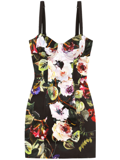 Shop Dolce & Gabbana Black Garden Print Corset Mini Dress