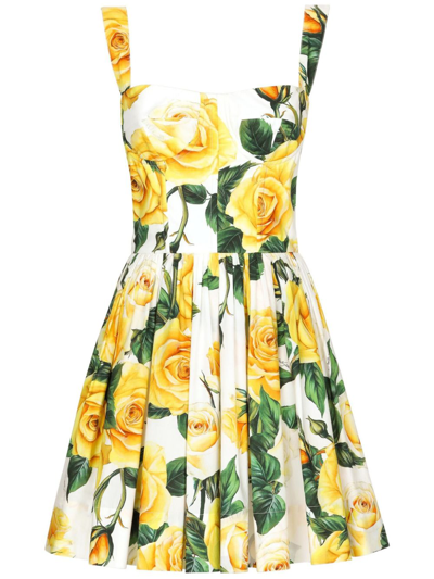 Shop Dolce & Gabbana White Rose Print Pleated Mini Dress - Women's - Cotton In Yellow