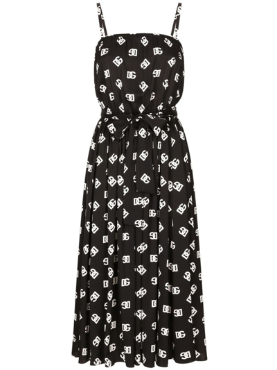 Shop Dolce & Gabbana Black Dg Print Pleated Dress