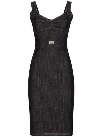 Shop Dolce & Gabbana Black Logo Plaque Denim Midi Dress