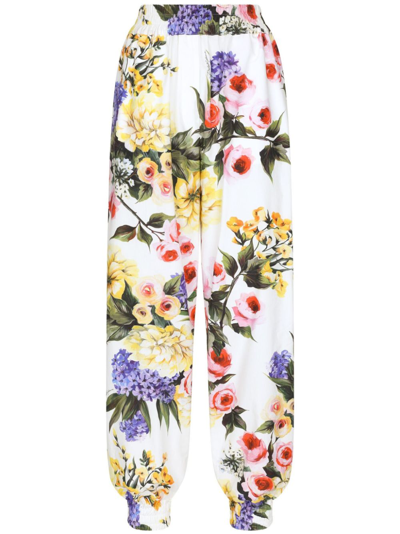Shop Dolce & Gabbana White Floral Print Cotton Track Pants
