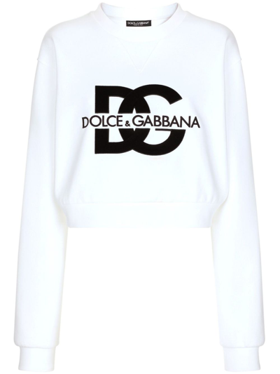 Shop Dolce & Gabbana White Logo Print Cropped Sweatshirt