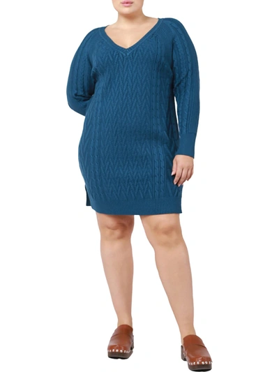 Shop Black Tape Plus Womens Cable-knit Long Sleeves Sweaterdress In Blue